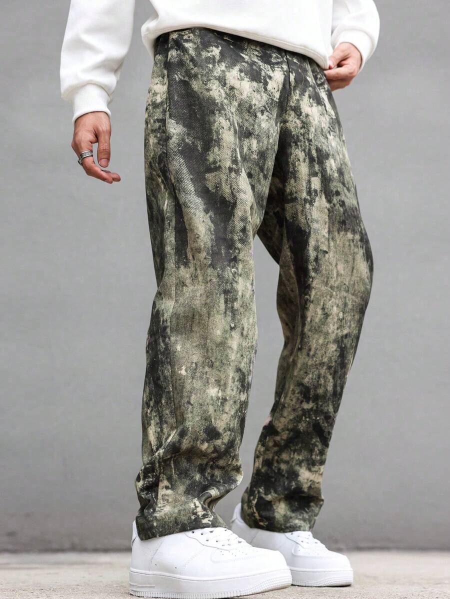 Manfinity LEGND All-Over Print Plus Size Men's Camo Casual Long Straight Pants With Pockets, For Going Out Street Wear, For Husband, Boyfriend Gifts