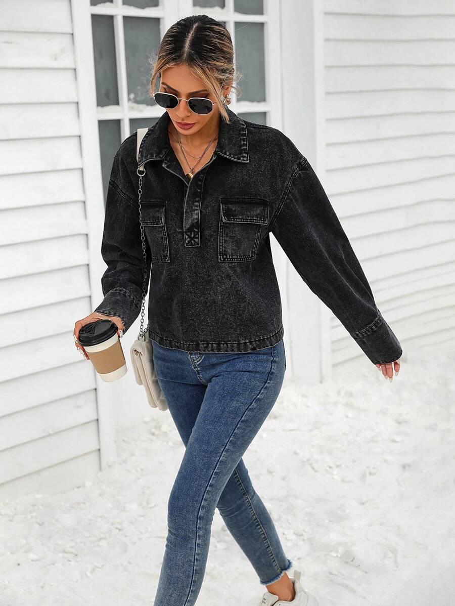 SHEIN LUNE Women's Autumn Dropped Shoulder Long Sleeve Button Half-Placket Cargo Pocket Denim Jacket