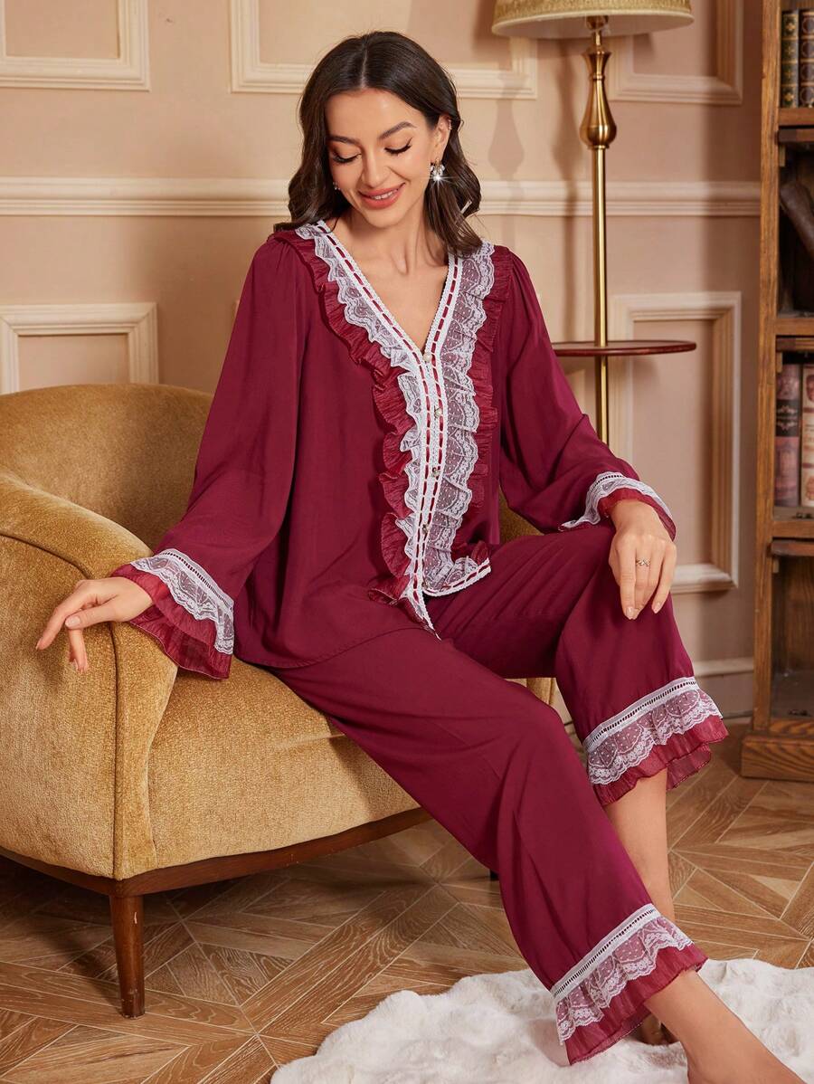 PalaceNights Conjunto de pijama para mujer con cárdigan de encaje con aplicaciones y pantalón largo con volantes