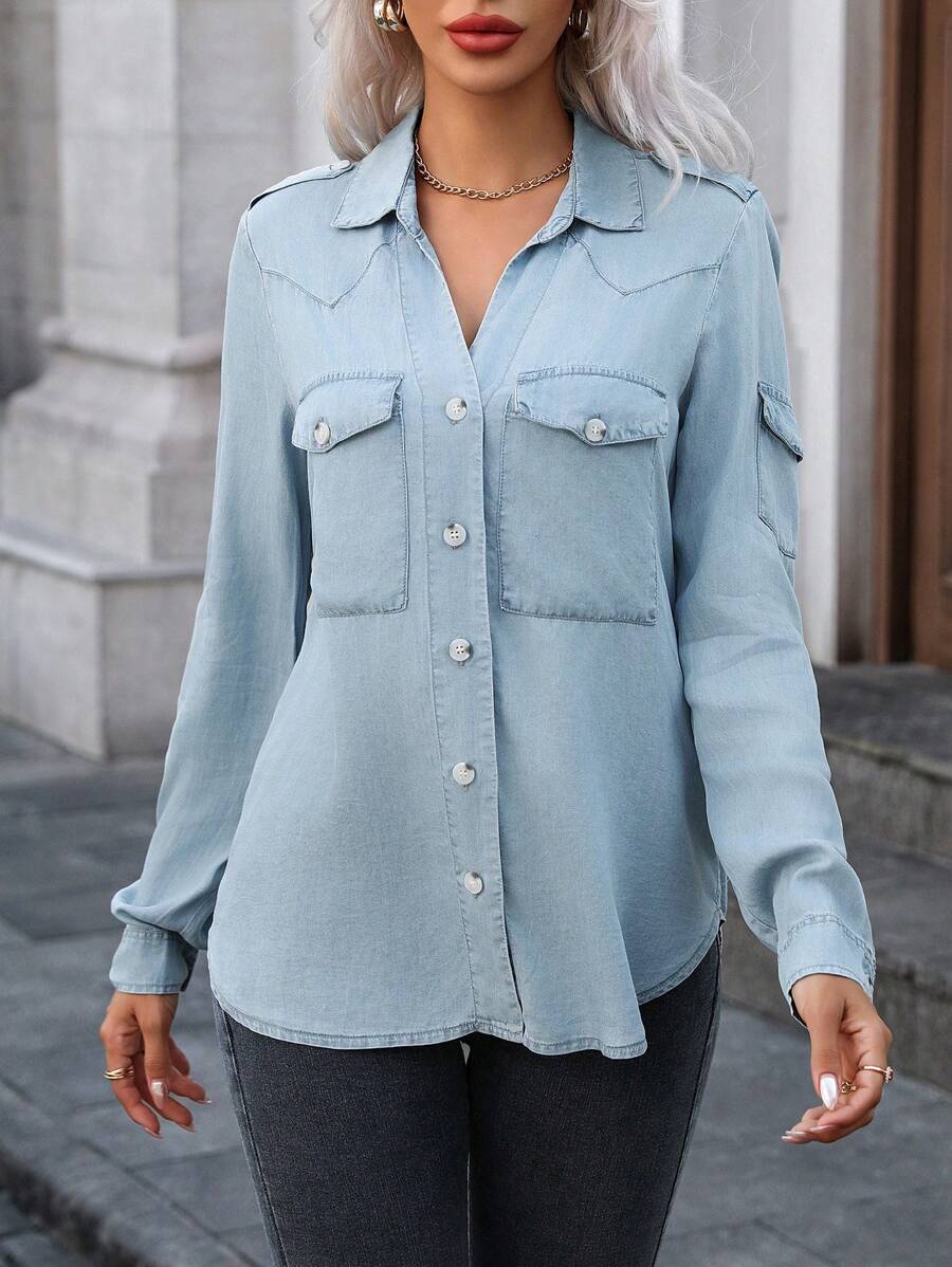 Women's Long Sleeve Single-Breasted Cargo Pocket Casual Shirt, Autumn