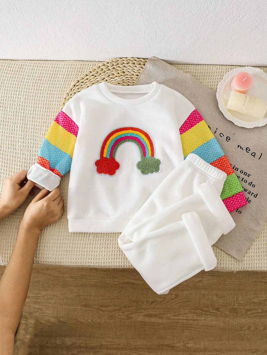 2pcs/Set Young Girl Rainbow Pattern Round Neck Long Sleeve Sweatshirt And Thermal Lined Pants, Casual Set For Autumn