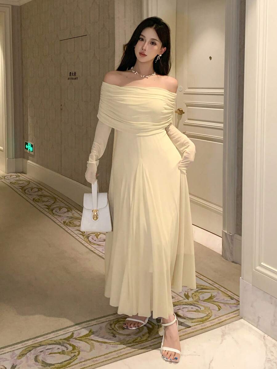 DAZY Women's Plain Off Shoulder Dress For Back-To-School Event, Birthday ,New Year Eve Prom Dress