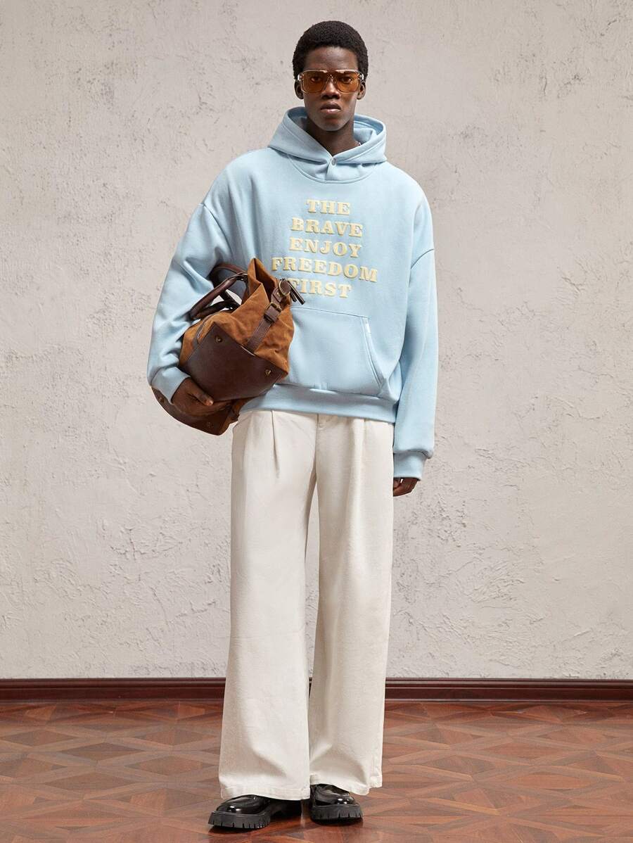 AKNOTIC Business Casual Men's Letter Print Loose Drop Shoulder Long Sleeve Casual Hooded Sweatshirt, Suitable For Autumn/Winter, Athletic Letter Blue Hoodie, For Friends, Husband, Boyfriend Gifts