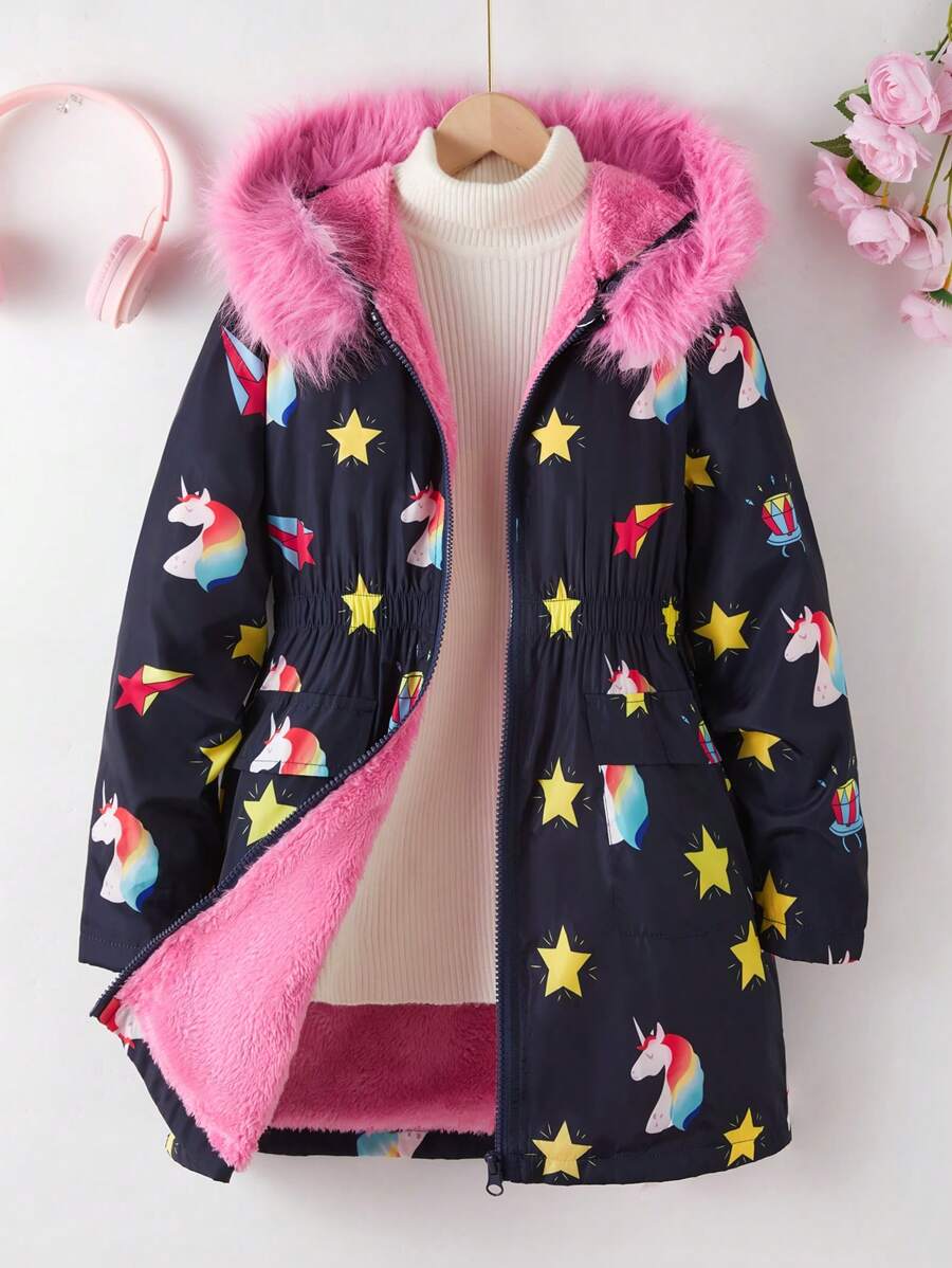 Jaqueta com capuz e estampa de strass unicórnio arco-íris preto fofo para meninas pré-adolescentes, outono/inverno para uso diário, roupas para irmãos combinando (2 peças vendidas separadamente)