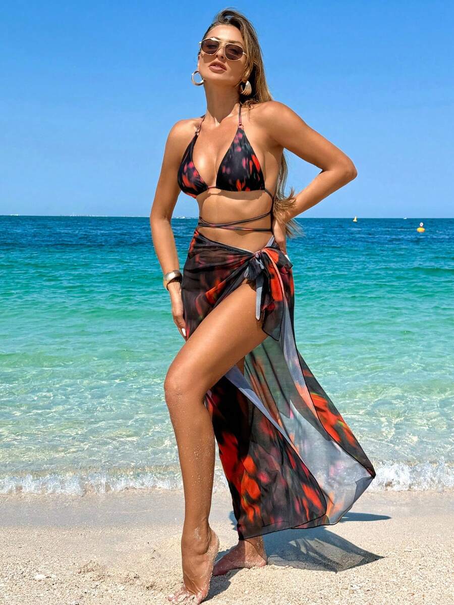 Conjunto de 3 piezas de traje de baño para mujer: traje de baño sexy con estampado de teñido anudado y falda maxi de playa de verano