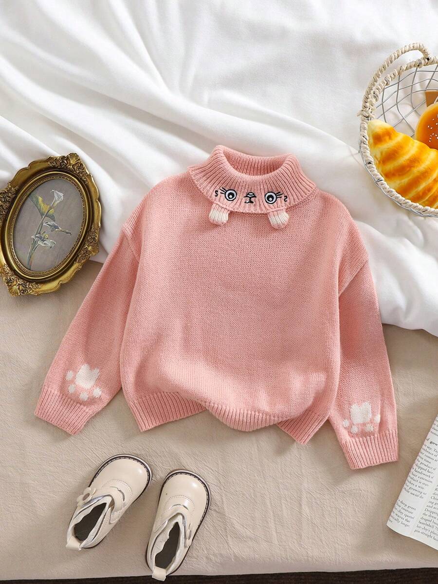 Baby Girls Cartoon Embroidery Turtleneck Sweaters, Cute Design Brings Warmth And Delight. The Cartoon Embroidery Design Is Playful And Adorable, Showcasing The Purity Of Childhood. The Turtleneck Design Is Warm And Comfortable For At-Home Wear.