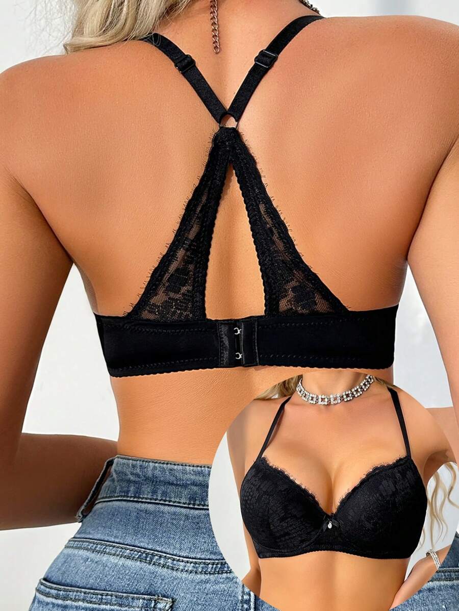 DesireSculpt 1 pieza Sujetador de lencería con relleno acolchado y aros para mujer, con diseño de encaje y parches sexy