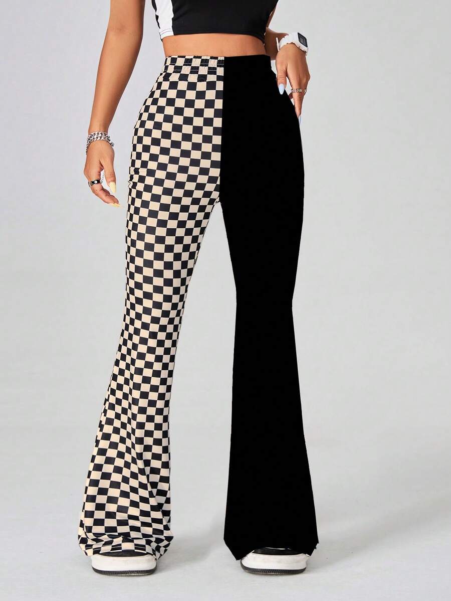 SHEIN EZwear Checkerboard Print Street Style Versatile Women Checkered Patchwork Color Block Flared Sports Pants