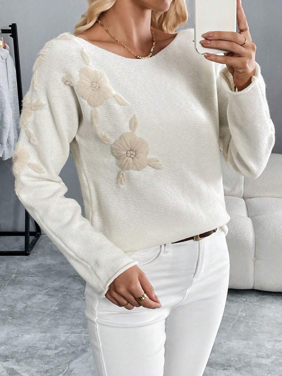 SHEIN LUNE 1pc Women Floral Embroidery Crewneck Long Sleeve Casual Top, Everyday Wear