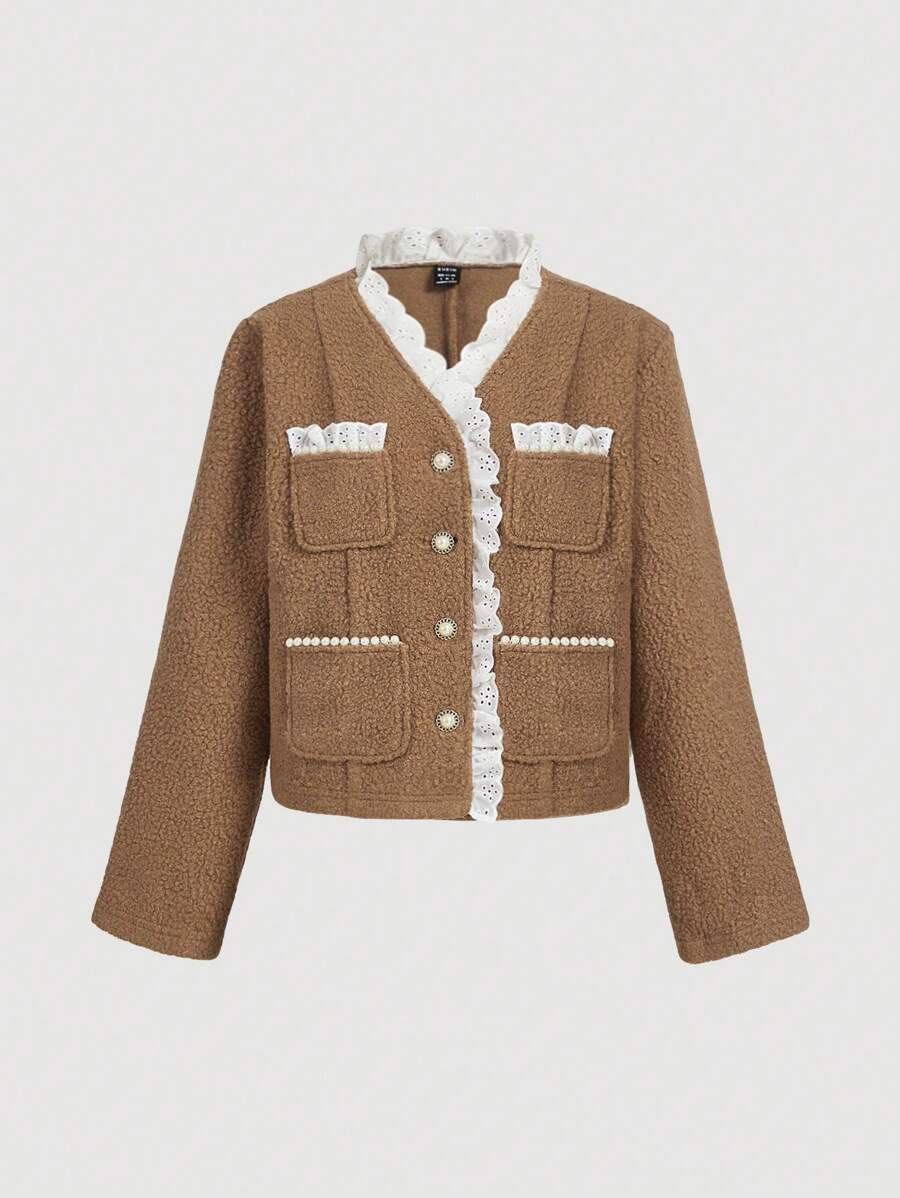 SHEIN MOD Women Brown Faux Lamb Wool Faux Pearl Lace Trim Vintage Short Jacket, Winter Outerwear,Winter Women Coat,Fluffy Coat, Teddy Coat