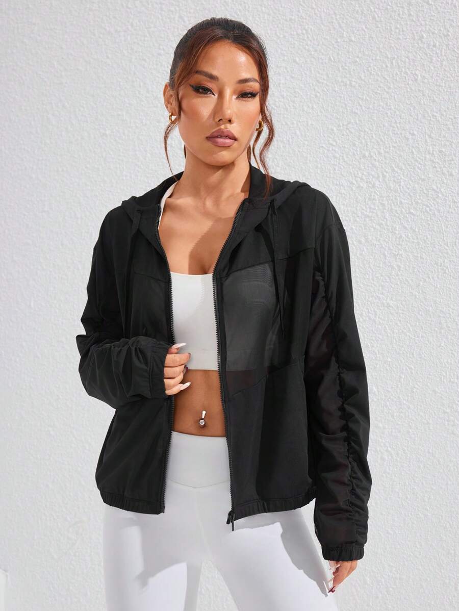 SHEIN Sport Studio Women's Solid Color Long Sleeve Mesh Hooded Sports Jacket Autumn