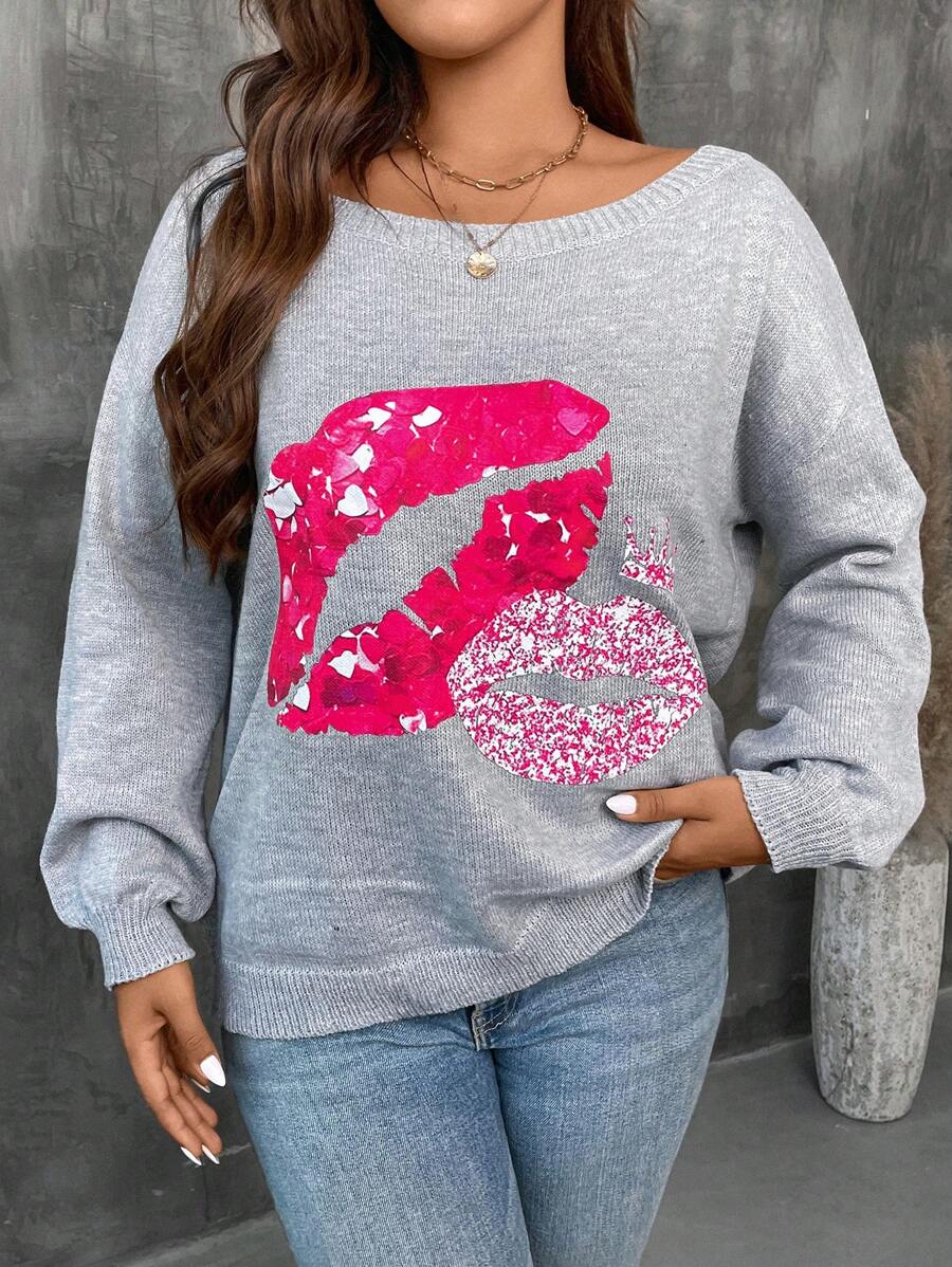 SHEIN LUNE Plus Size Women Black Boat Neck Long Sleeve Lip Print Casual Pullover Sweater For Autumn