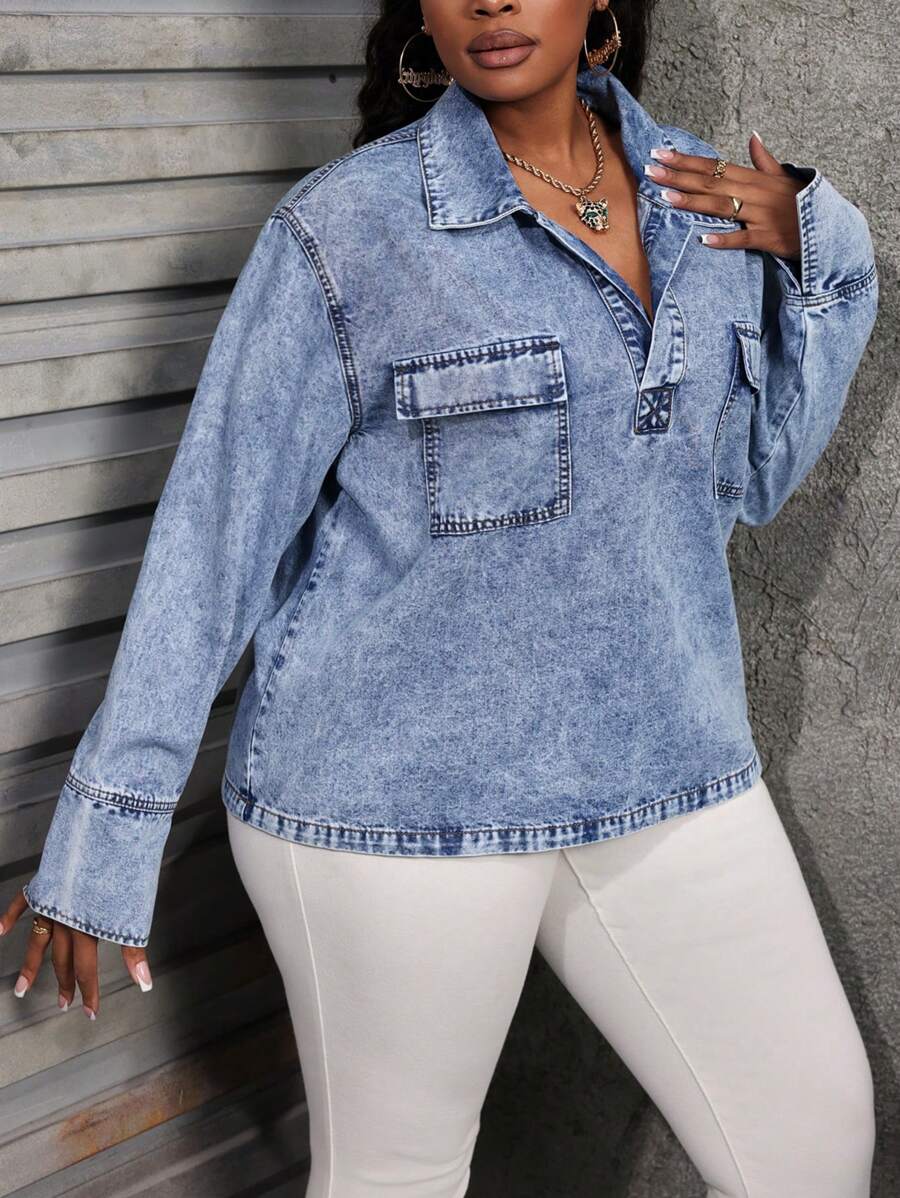 Slaydiva Plus Size Women's Denim Tops Long Sleeve Loose Tops Blue Women's Shirt Women Blouses Fall Women Dresses Women Shirts Shirts Thanksgiving Women Shirt Blouse Thanksgiving Tops Christmas Women Shirts Christmas Shirt Thanksgiving Shirt Long Sleeve Shirts Plus Long Sleeve Shirt