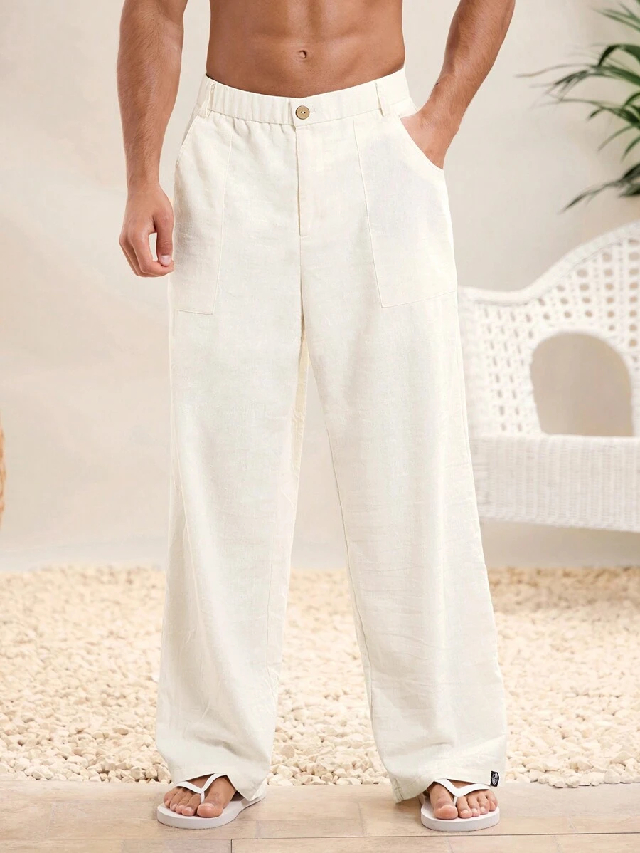 SHEIN X ELOISA & ORSON Manfinity VCAY Conjunto de playa para hombre, pantalones casuales anchos y holgados de lino blanco, transpirables y ligeros para verano