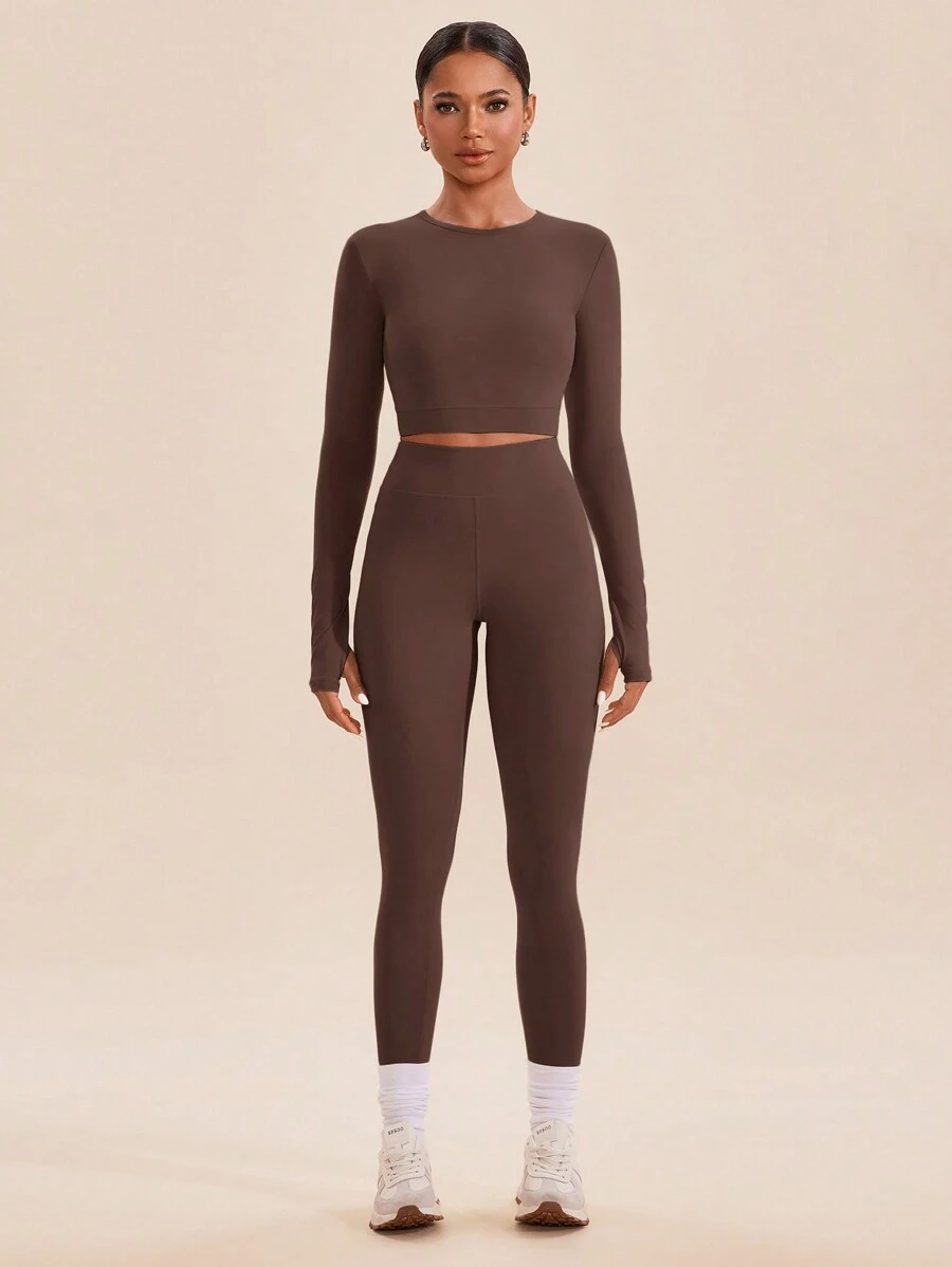 VARSITIE Dames effen kleur ronde hals lange mouw crop top & legging sportset