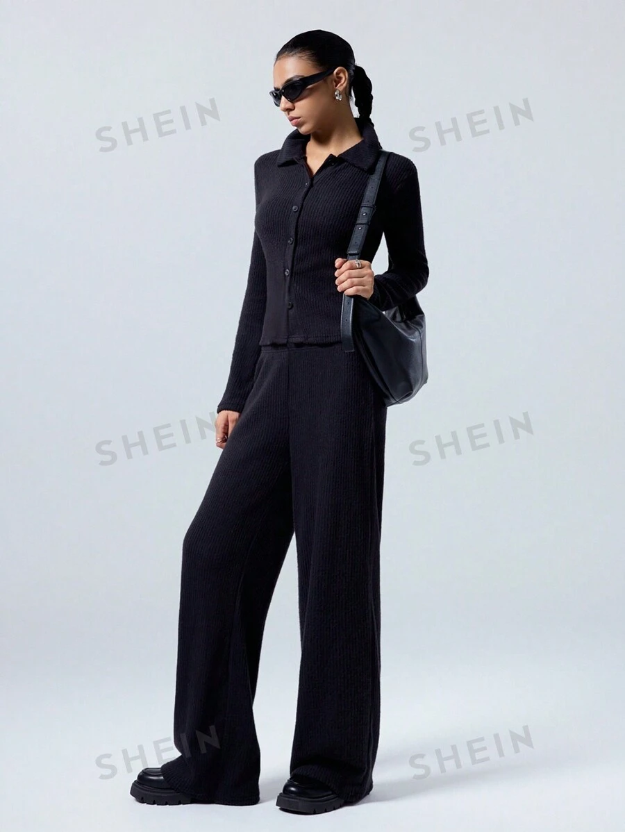 LYSMO Set de 2 piezas de pantalones de manga larga con botones y unicolor casual