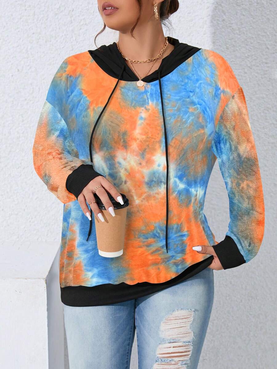 SHEIN LUNE Sudadera con capucha minimalista de manga larga con parches de un solo color, para uso casual diario en talla grande