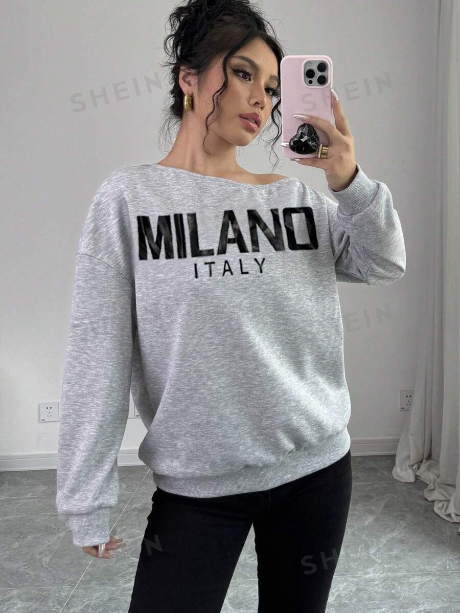 Chiquease Sudadera holgada de manga larga con estampado de letras, de cuello diagonal caído y tejido versátil y casual, para otoño/invierno