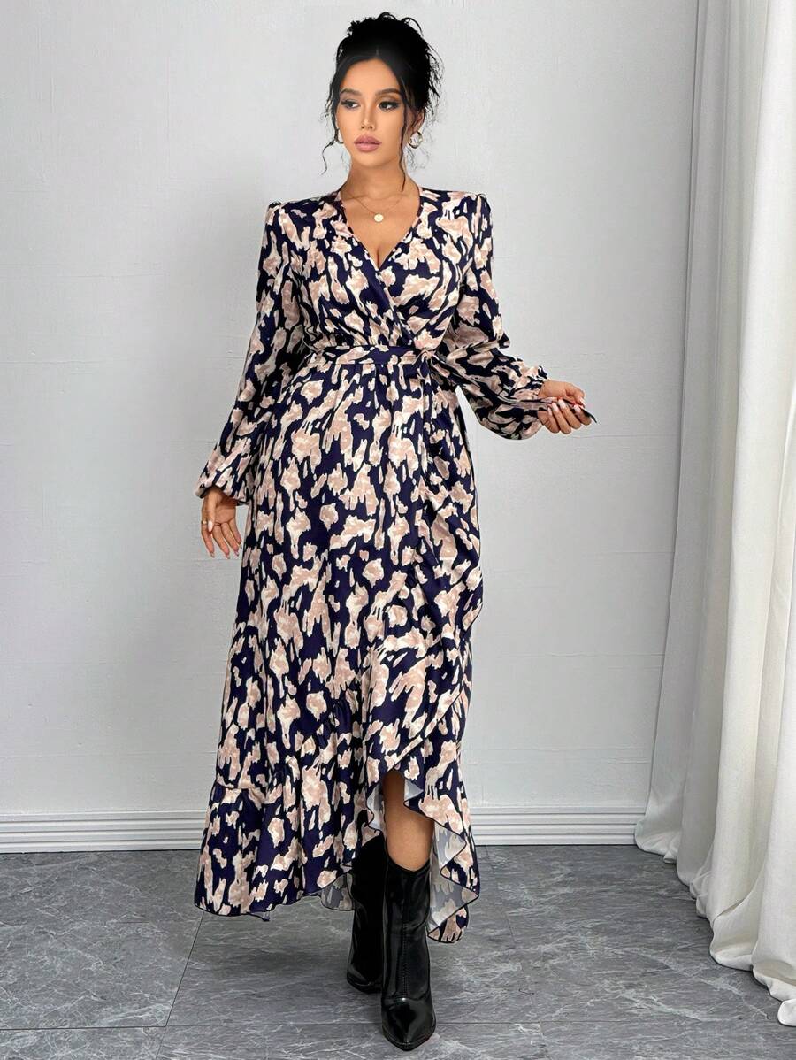 SHEIN Clasi 1 pieza Vestido de manga larga con cuello en V elegante, diseño de giro y estampado todo sobre