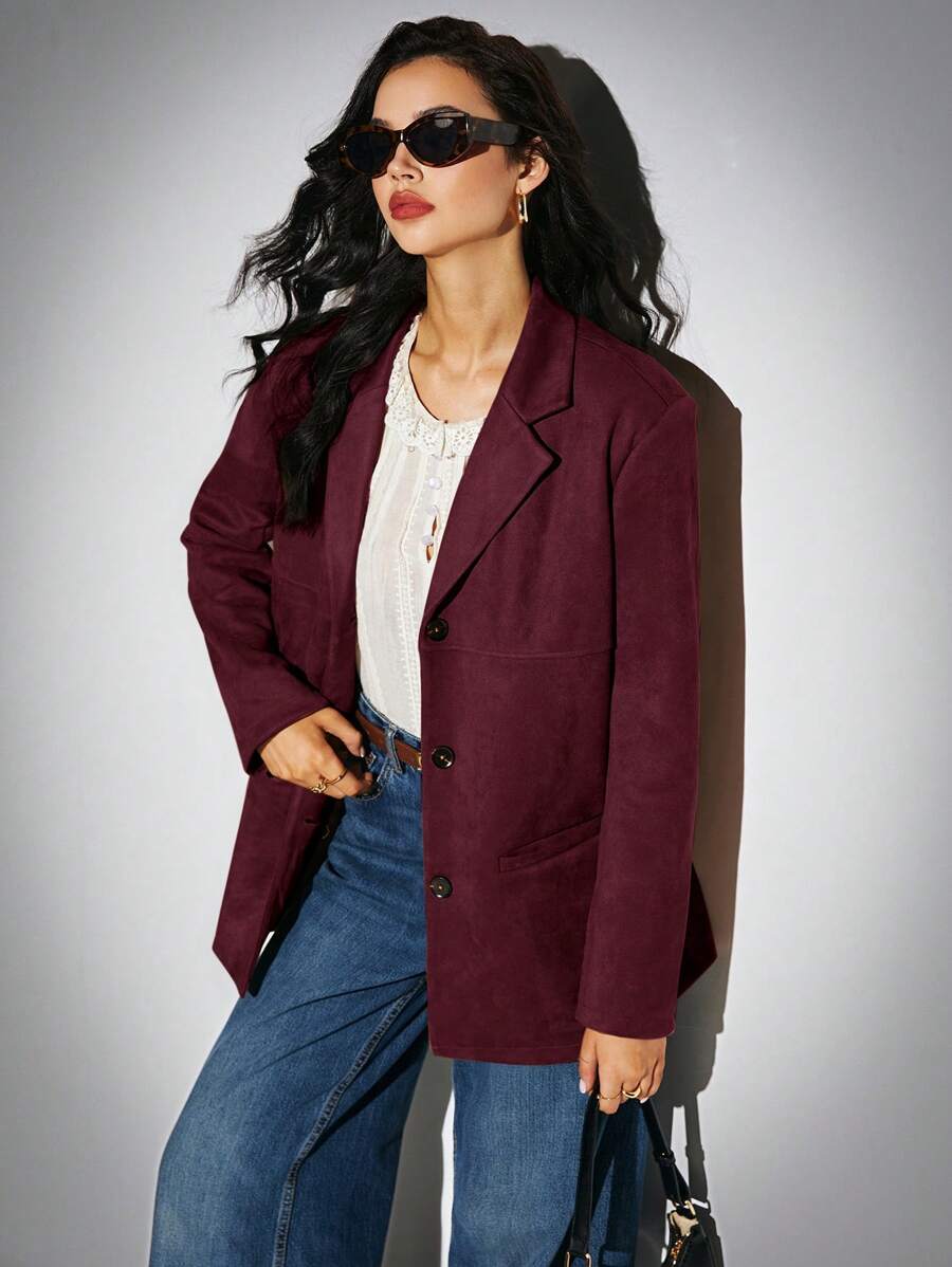 Poéselle Women's Suede Pockets Solid Color Turndown Collar Long Sleeve Casual Loose Coat