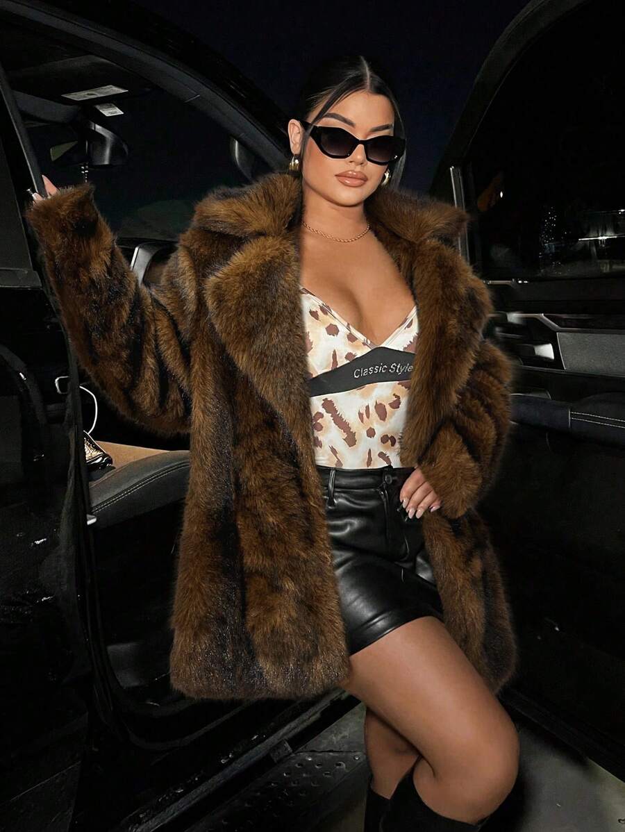 SHEIN SXY Lapel Neck Long Sleeve Open Front Fuzzy Coat For Winter