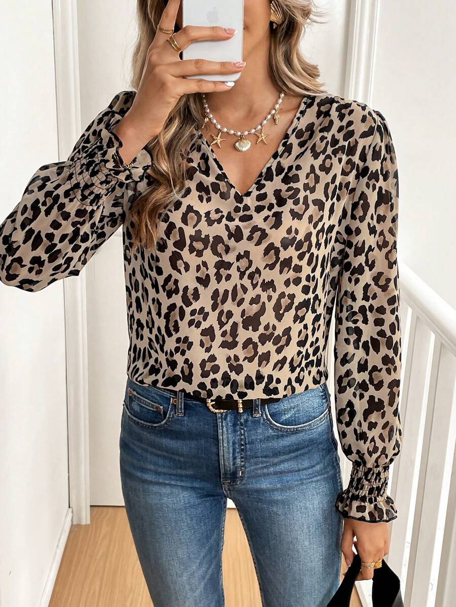 SHEIN Frenchy 1pc Women Casual Leopard Print Puff Sleeve Blouse, Autumn