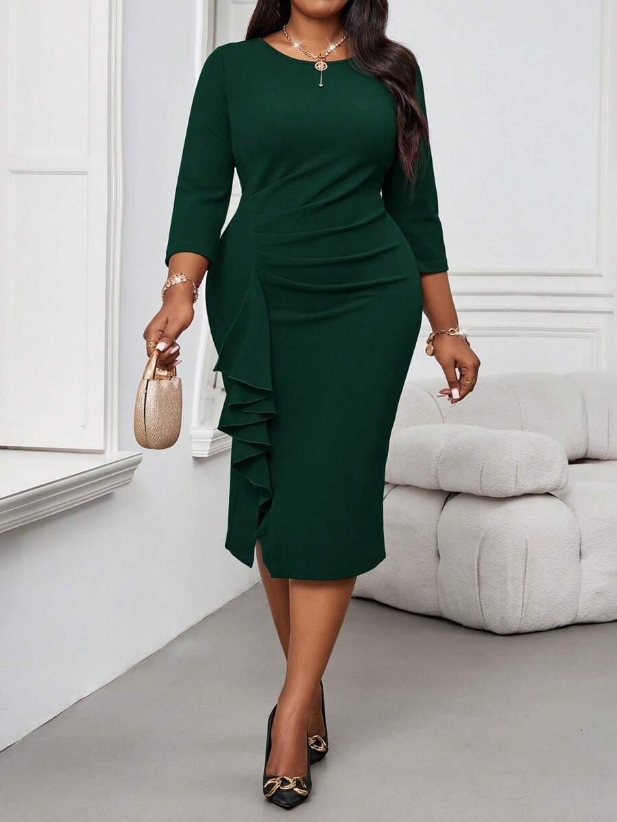 SHEIN Lady Autumn And Winter Christmas Party Dress Elegant Vintage Work Wedding Cocktail Party Deep Red Knitted Round Neck Pencil Flounce New Product Bodycon Dress Plus Size Dresses Bridesmaid Dress