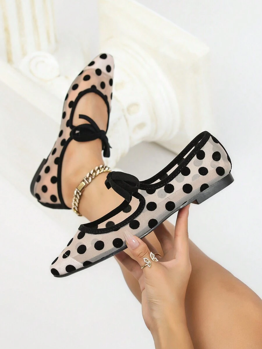 CUCCOO CHICEST Zapatos planos elegantes y versátiles para mujer con lazo y decoración de puntos en malla, modelo nuevo para 2024
