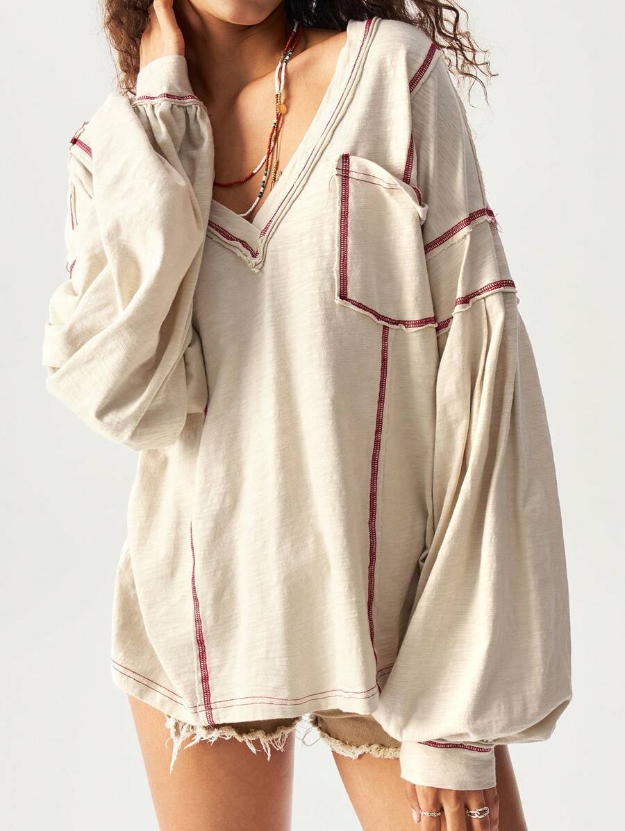 Bohemela Sudadera holgada informal para mujer de punto liso con cuello en V, hombros caídos y manga larga