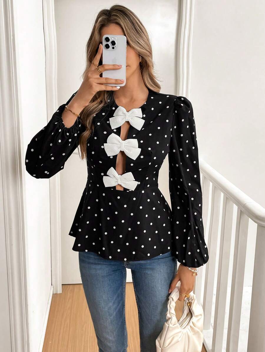 SHEIN Frenchy Women's Bow Decor Simple Long Sleeve Polka Dot Shirt, Casual Everyday Wear,Women Costumes,Women's Casual Long Sleeve With Front Bow,Women Costumes,Fall,Commute,Minimalist,Office,Old Money