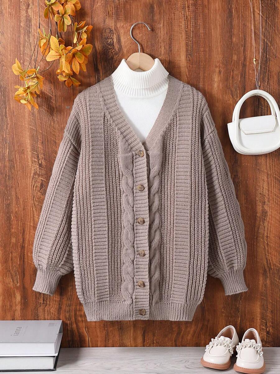 Cardigans para niñas preadolescentes, suéter de punto grueso color caqui, chaqueta cálida de moda y estilo para otoño/invierno