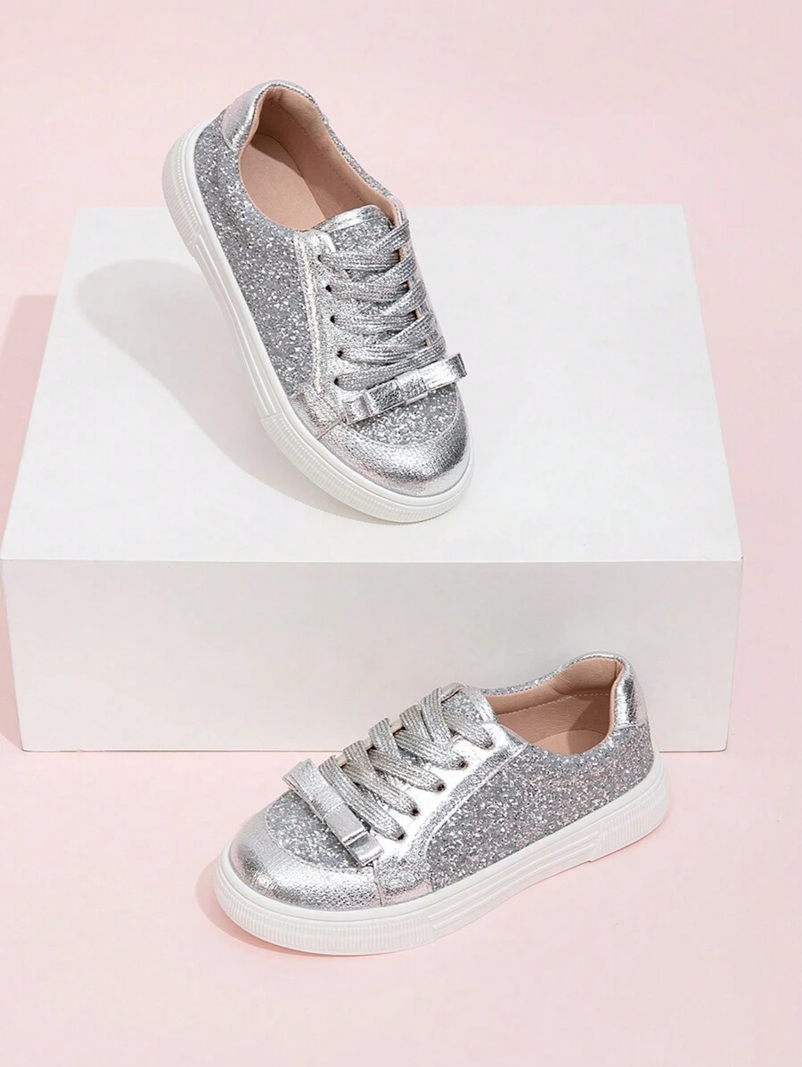 1 Pair Fashionable Glitter Lace-Up Flats Sport Shoes For Girls