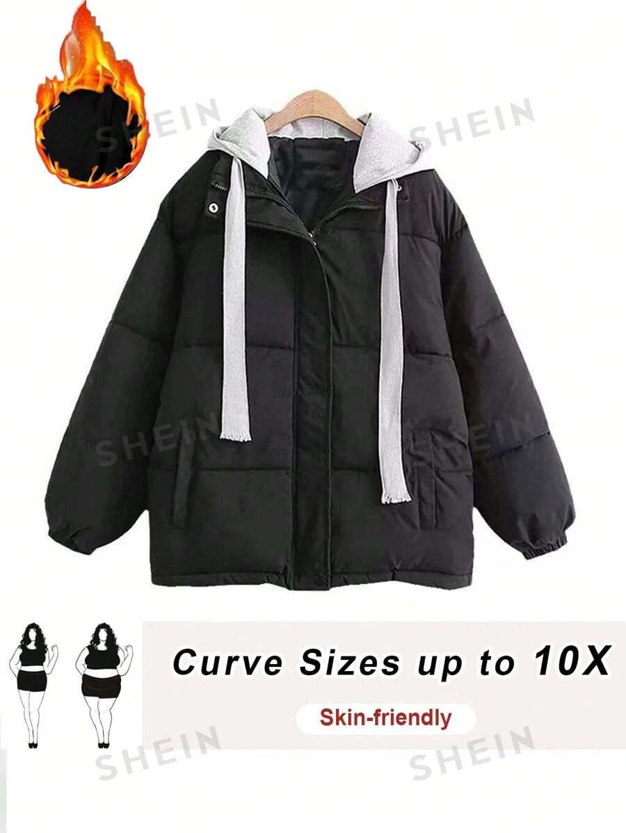 SHEIN CURVE+ Abrigo acolchado con cremallera y capucha de parchwork para tallas grandes, para otoño e invierno