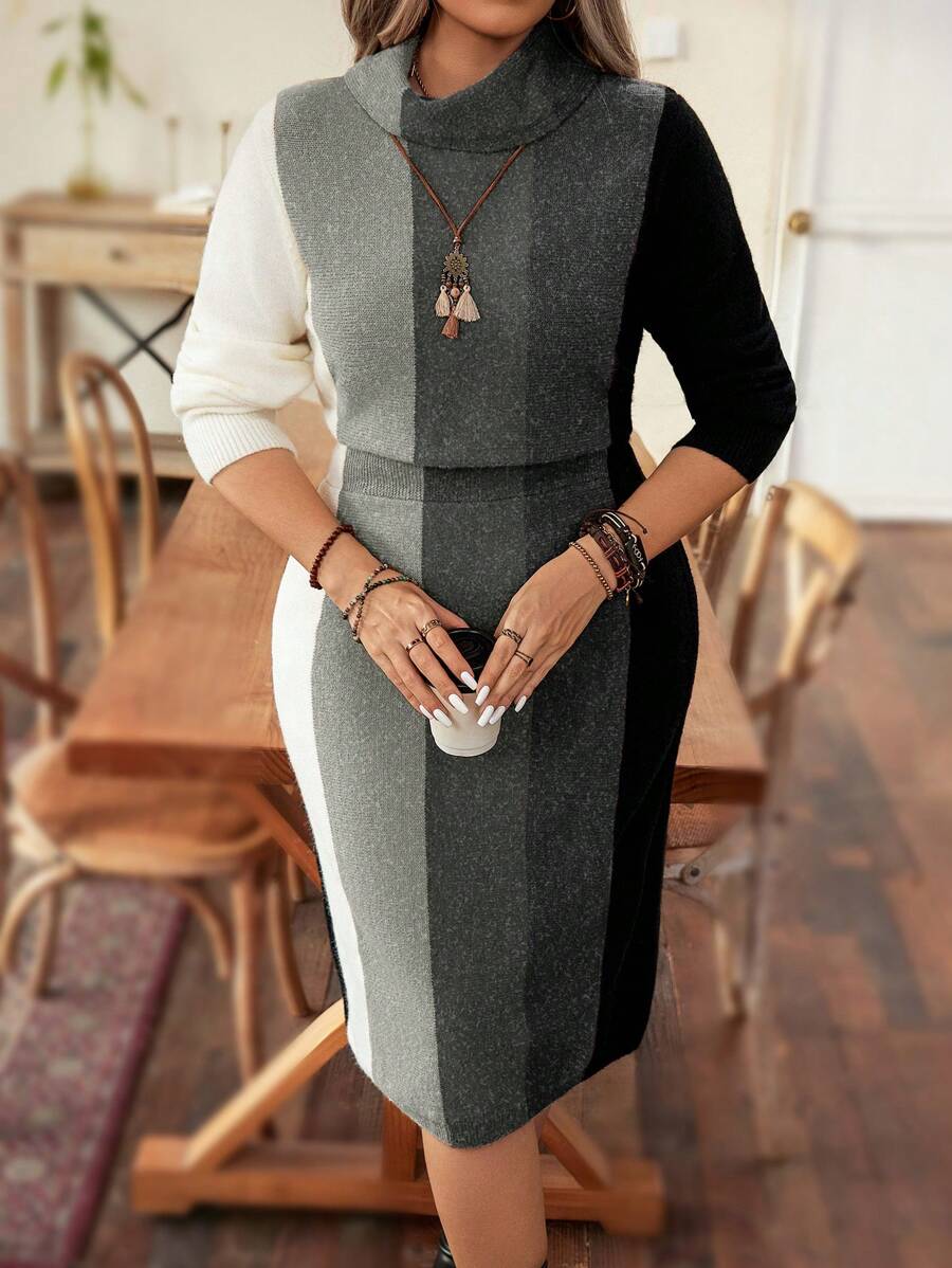 Calvaya Plus Size Herfst/Winter Casual Color Blocking Gestreepte Bodycon Sweaterjurk