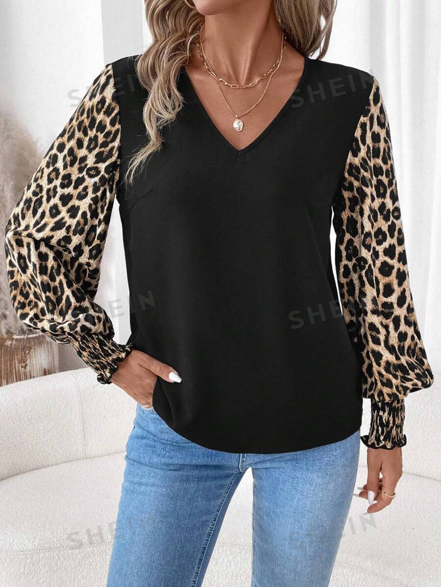 SHEIN Clasi Blusa de mujer de manga larga con estampado de leopardo y contrastes de botones negros, elegante para invierno
