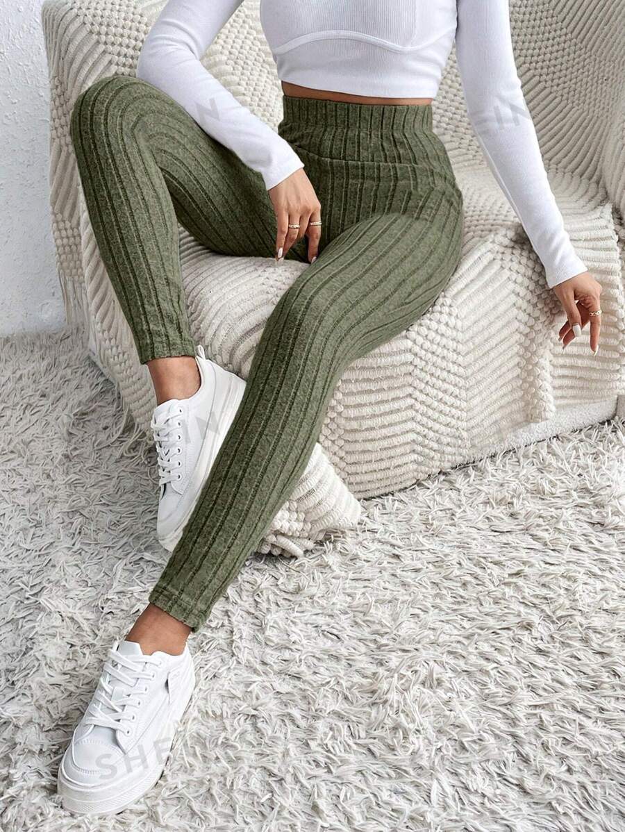 SHEIN Frenchy Leggings sin costuras, elásticos de cintura, con acanalado de unicolor