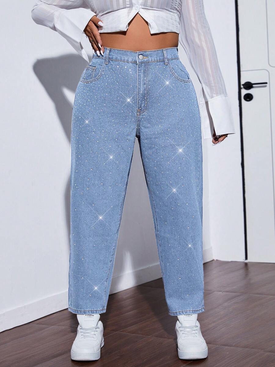 SHEIN EZwear Plus Size Women Pockets Sequin Rhinestone Cone-Shaped Casual Versatile Jeans
