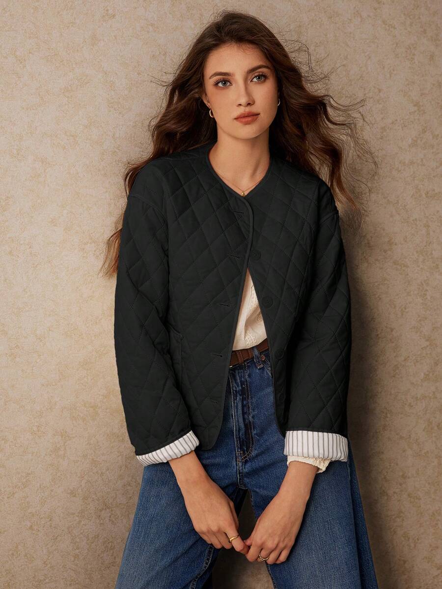 Poéselle Manteau court rembourré à manches longues et col pour femmes, de couleur unie, pour l'hiver