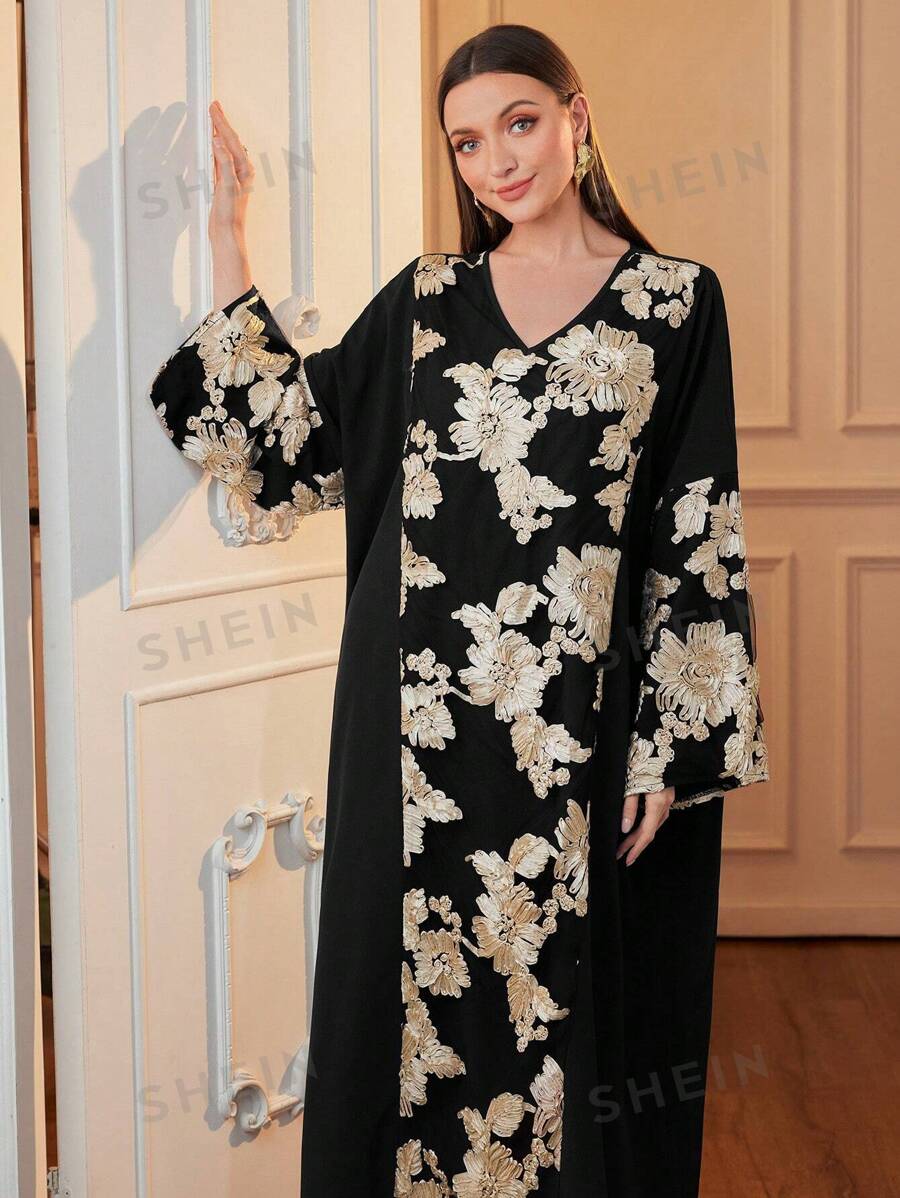 Al Najma 1 pieza Vestido elegante de manga larga estilo tunicJalabiya para mujer, con bordado de encaje elegante y modesto, para uso casual diario