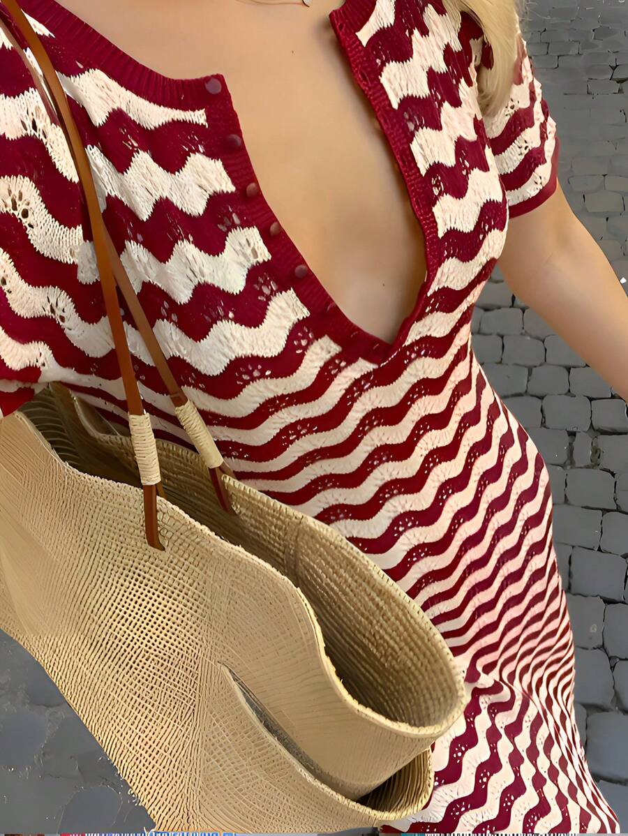 INAWLY Robe-pull longue ajustée à la mode avec col rond, manches courtes, boutons, rayures sinueuses pour femmes en automne