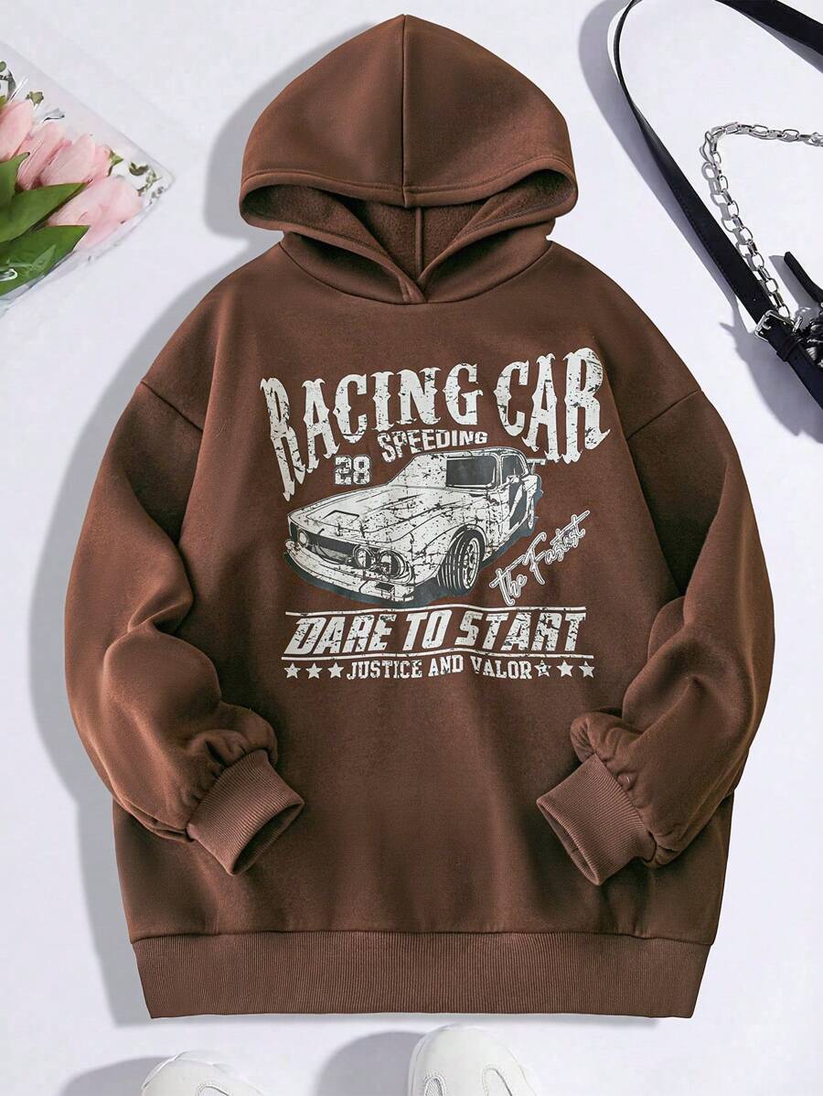 Mulvari Sudadera con capucha de ajuste holgado estampada con letras de coche, informal para otoño/invierno
