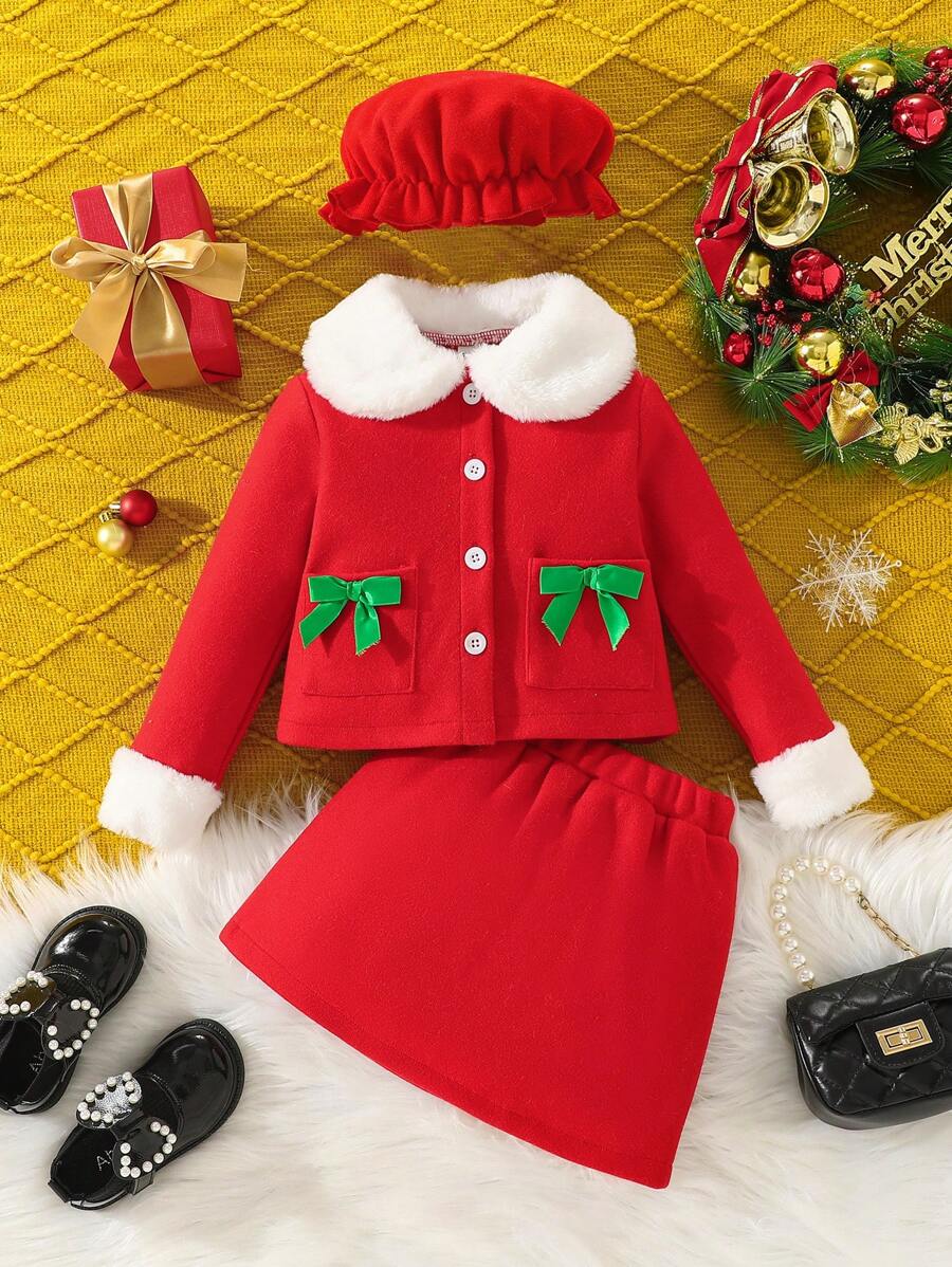 Conjunto de 3 piezas para niña: Chaqueta holgada casual, dulce y linda con cuello Peter Pan, diseño de lazo y contraste de color esponjoso, boina y minifalda, adecuado para uso diario, viajes, reuniones festivas, otoño/invierno, para Navidad