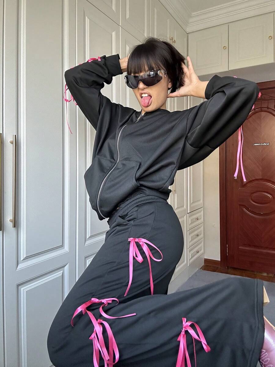 SHEIN EZwear Women's Fall Winter Y2K Street Wear Bow Detail Knot Tie Black Sweatpants