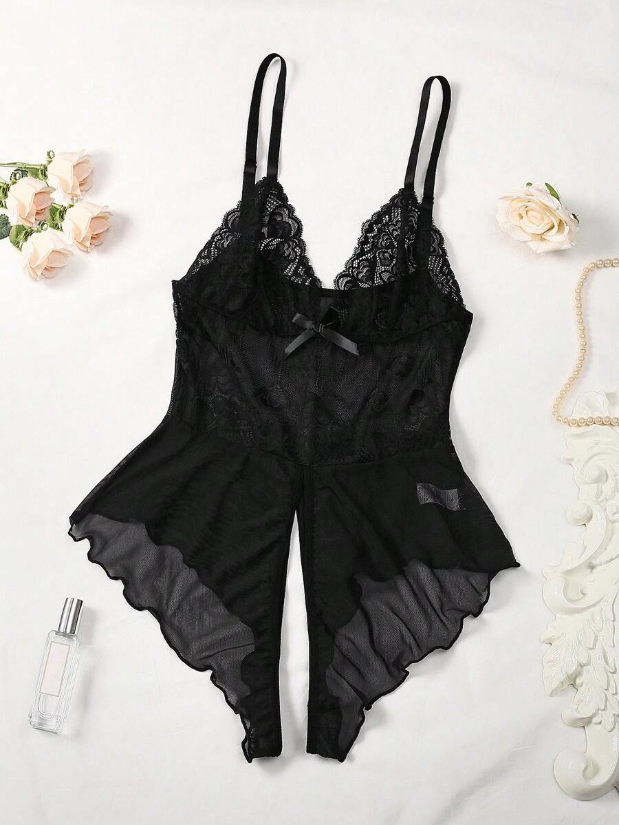 1 pieza Lencería sexy de una sola pieza con contraste de encaje y malla para mujeres
