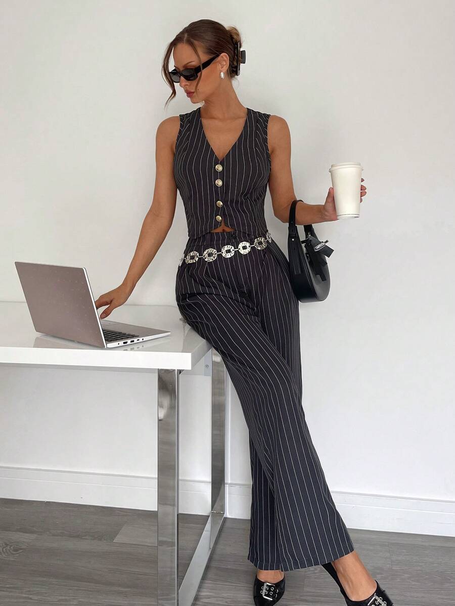 SHEIN Essnce Completo da donna 2 pezzi, canotta senza maniche e pantaloni a righe, abbigliamento da ufficio, abbigliamento da insegnante, completo formale, completo casual a righe da due pezzi, completi da donna, tailleur, streetwear