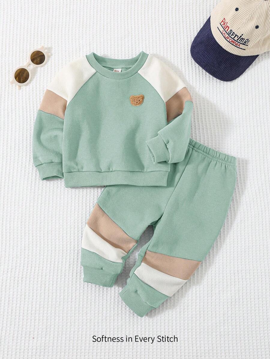 Cozy Pixies 2pcs/Set Baby Boy Decoration Embroidery Colorblock Round Neck Raglan Sleeve Hoodie And Jogger Pants Set