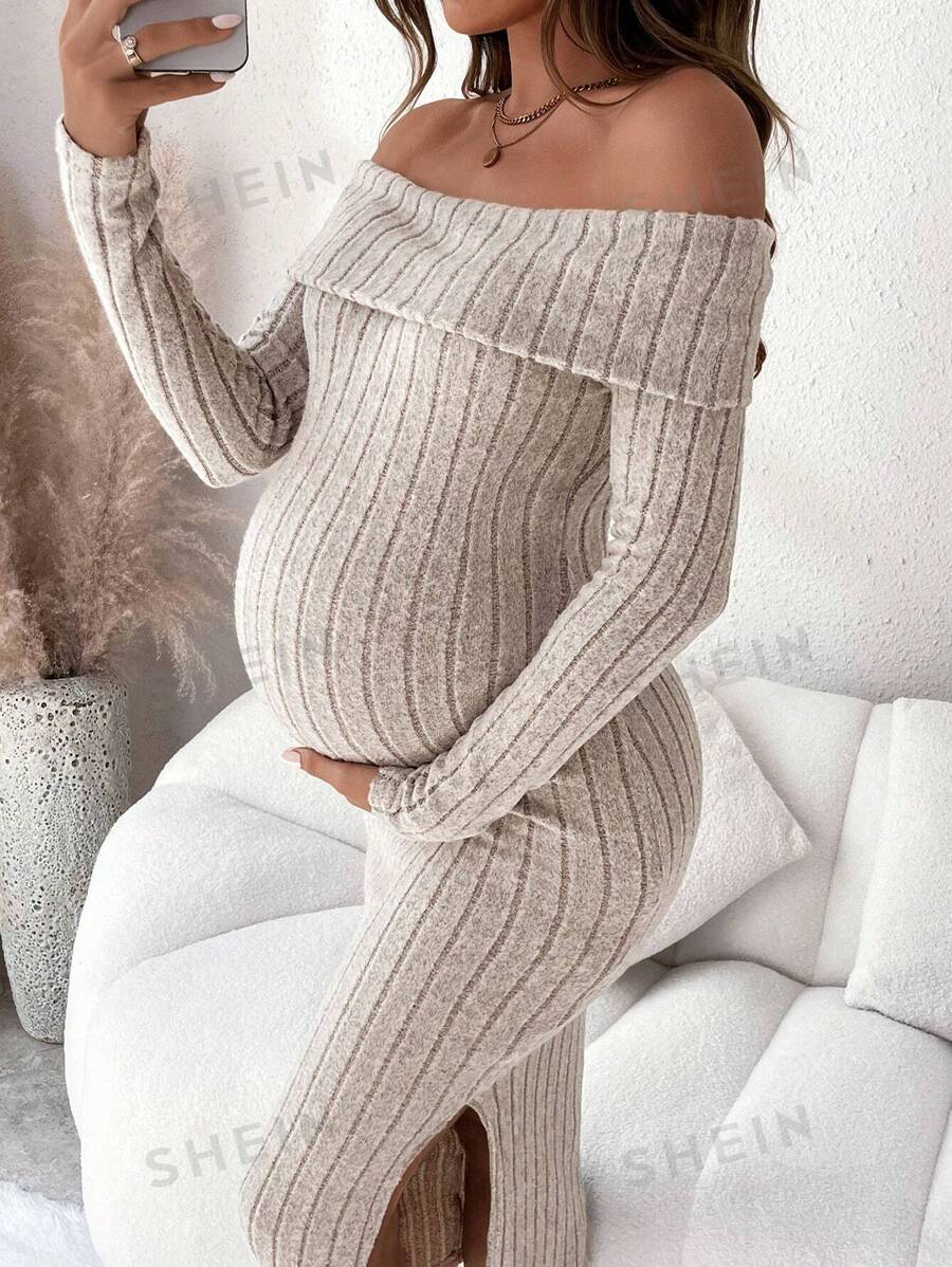 SHEIN Vestido casual de manga larga con hombros descubiertos y abertura para embarazadas
