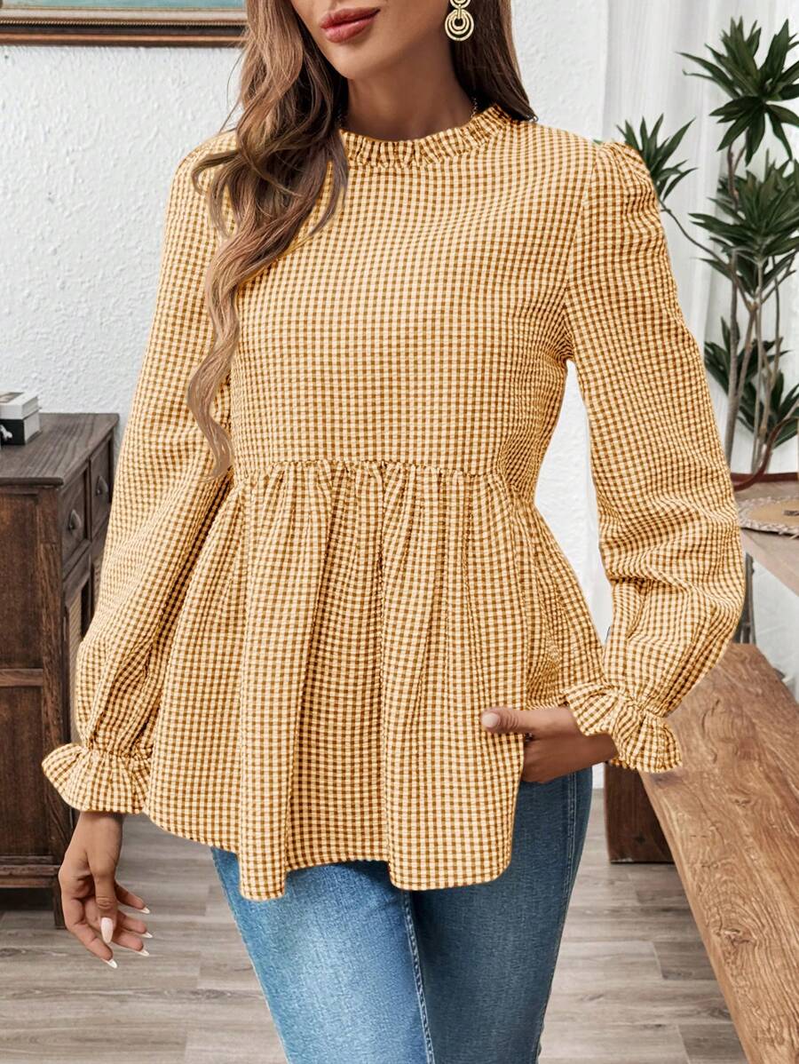 SHEIN LUNE Neckline Ruffle Hem Gingham Long Sleeve Casual Blouse With Frilled Edges On The Sleeves And Collar
