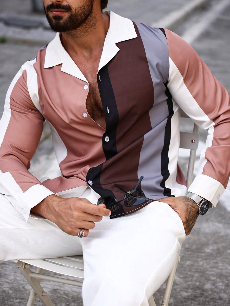 Manfinity Homme 1pc Men's Long Sleeve Front Button Striped Minimalist Color Block Shirt, Casual For Everyday Wear ,Men's Mature Casual Khaki-Brown Coffee-Colored Vertical Striped Contrast Long-Sleeve Shirt ,Button Up Shirt, For Going Out, Husband