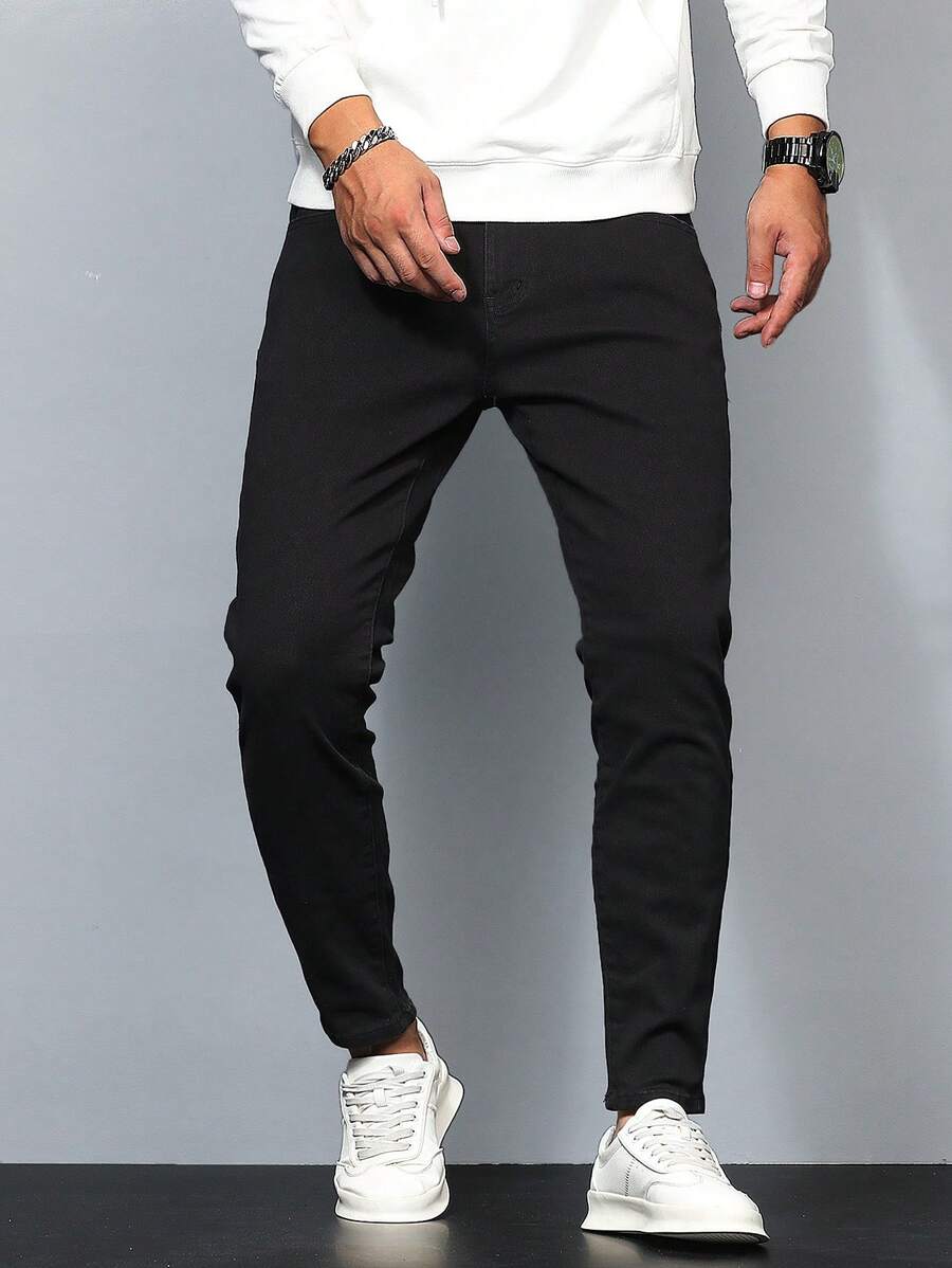 Manfinity Homme Plus Size Men Fashion Casual Versatile Slant Pocket Denim Jeans, Slim Fit Dark Jeans Long Plain Black Washed Cargo Jeans, For Husband, Boyfriend Gifts